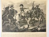 a drawing of a man on a horse being led by a group of men