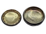 pair of antique silver plated bowls with lids on white background