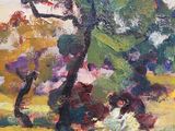 an oil painting of a lone tree in a field of flowers