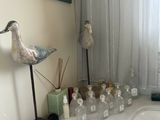 a bird that is standing on the counter in the bathroom