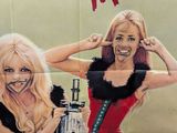a poster of two women with guns on a wall