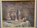 painting of a still life with a bottle of wine and a spoon on a table