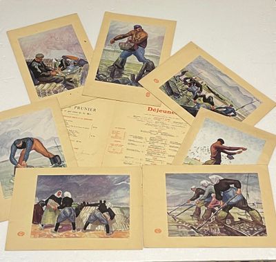 plusieurs anciennes cartes postales représentant des hommes et des femmes travaillant dans un champ