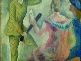 an oil painting of a man in a green suit and woman in a pink dress