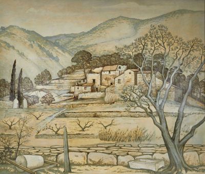 une image représentant un tableau d'un village au milieu d'un champ