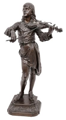 bronze statue of a man playing the violin on a marble base