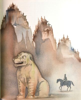 un livre sur lequel figurent un chien et un homme à cheval
