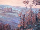 a painting of a landscape with trees in the foreground