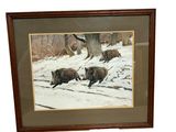 painting of a herd of wild boars in a snowy landscape