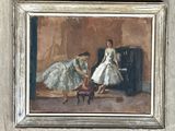 a painting of two women in white dresses and a dog