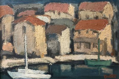 a painting of a sailboat in a harbor with buildings in the background