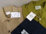two men ' s sweaters and a pair of pants with a tag on them