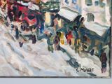a painting of a horse drawn carriage on a snowy street