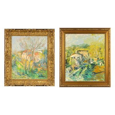 deux tableaux représentant une maison et une rivière, dans un cadre doré