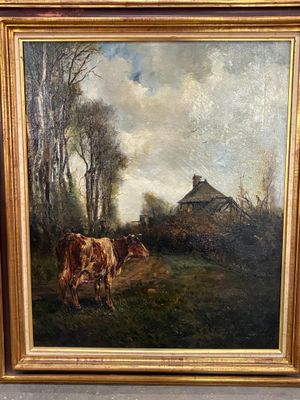 une peinture à l'huile représentant des vaches dans un champ, avec une grange en arrière-plan