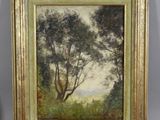 un tableau représentant deux arbres dans un champ, avec le ciel en arrière-plan