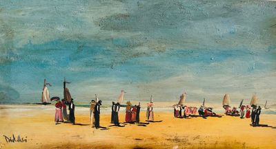 une peinture représentant un groupe de personnes sur la plage