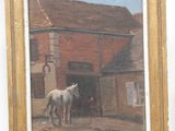 a picture of a painting of a horse in front of a building