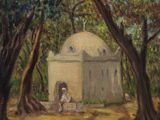 une peinture à l'huile représentant un homme assis à l'ombre des arbres