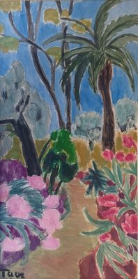 une image représentant un tableau représentant un jardin avec des palmiers et des fleurs