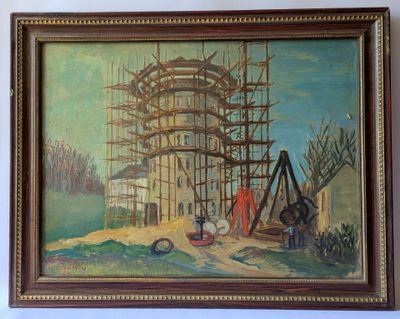 an oil painting of a building under construction with a man on a scaffold