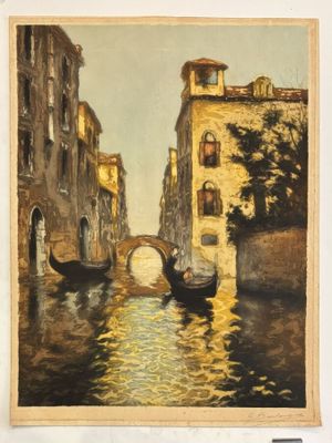 an oil painting of a canal with gondola boats on it