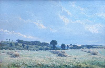 un tableau représentant un champ avec du foin et des arbres en arrière-plan