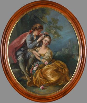 painting of a man combing a woman ' s hair in a wooded setting