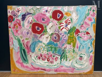 a painting of flowers in a vase on a table