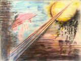 painting of a painting of a person with a pink umbrella in the rain