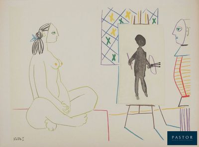 dessin représentant une femme assise devant un tableau représentant un homme et une femme