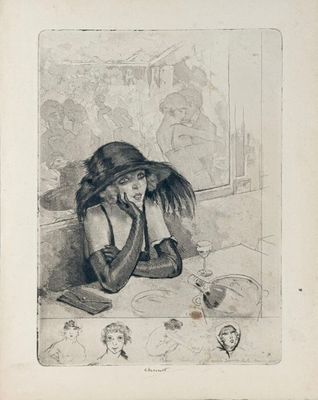 un vieux dessin en noir et blanc représentant une femme assise à une table
