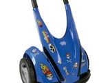 a blue scooter with a skull and crossbones on it