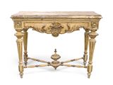 an antique console table with a marble top and ornate carvings
