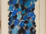an image of a painting of blue flowers in a white frame