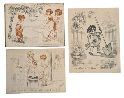 four drawings of children playing in a garden with a shovel and watering hose