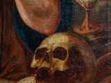 painting of a woman reading a book with a skull on a table