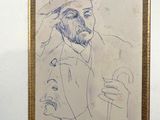 drawing of a man with a hat and a cane in a gold frame