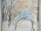une peinture à l'huile représentant un paysage enneigé avec des arbres au premier plan