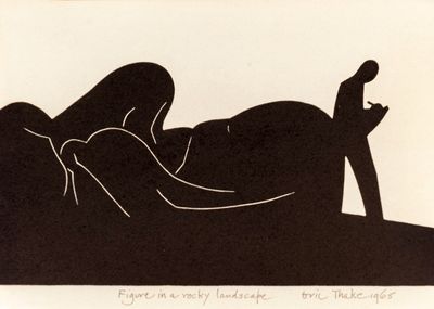 a black and white drawing of a person laying on a bed