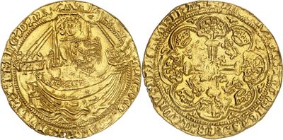 a gold coin with an image of a man and woman on it