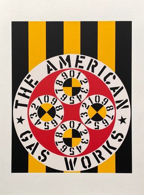 an image of a picture of a clock on a yellow and black striped wall