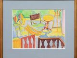 a picture of a painting of a room with a table and chairs