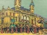 une peinture représentant un grand bâtiment avec une tour horloge