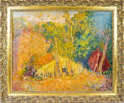 une peinture à l'huile représentant une scène de campagne avec une grange rouge en arrière-plan