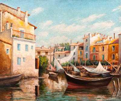 a painting of a boat in the water next to a building