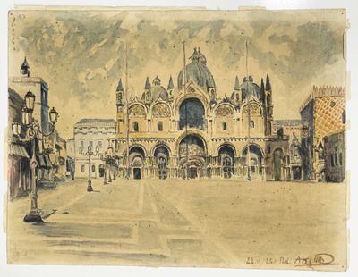 dessin représentant un grand bâtiment avec une tour horloge au centre
