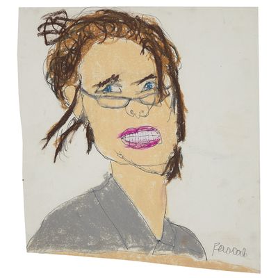 dessin représentant une femme portant des lunettes et du rouge à lèvres rose