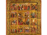 un tableau représentant un grand groupe de personnes, dans un cadre doré et rouge