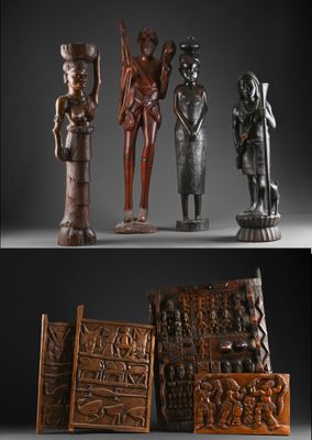 un ensemble de quatre figurines en bois sculpté représentant des personnages et des animaux